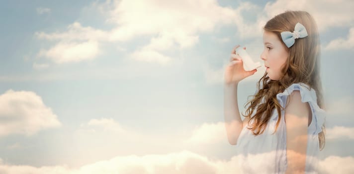 Cloudy sky against little girl taking inhaler 
