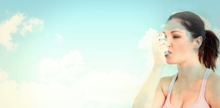 blue sky against woman using asthma inhaler in living room