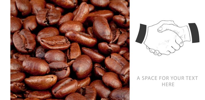 Handshake against coffee seeds laid out together