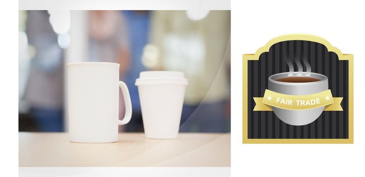 Fair Trade graphic against close up of mug on the desk