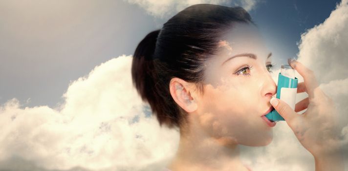 Blue sky with clouds against woman using an asthma inhaler