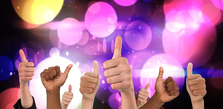Hands showing thumbs up against digitally generated cool nightlife design