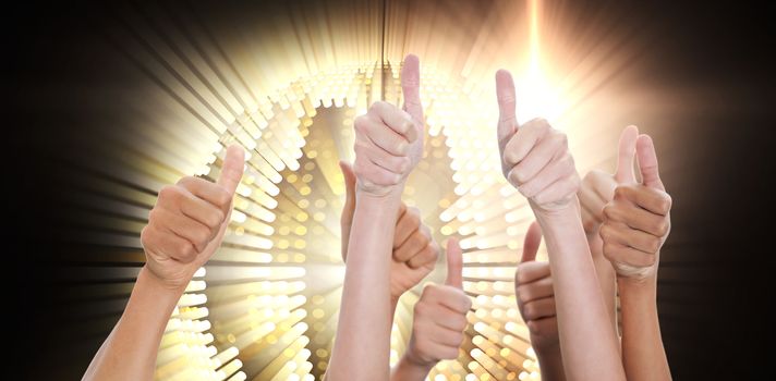 Hands up and thumbs raised against digitally generated cool disco ball design 