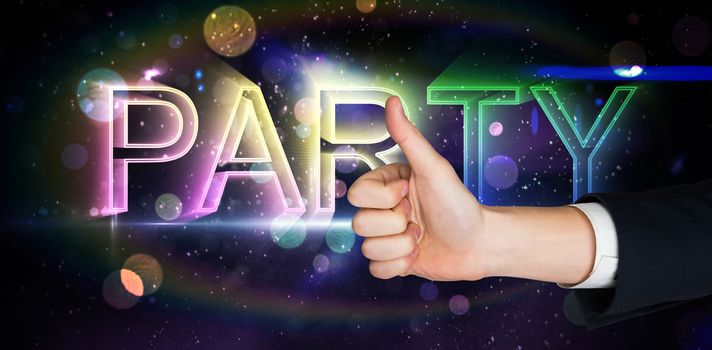 Hand showing thumbs up against digitally generated colourful party text