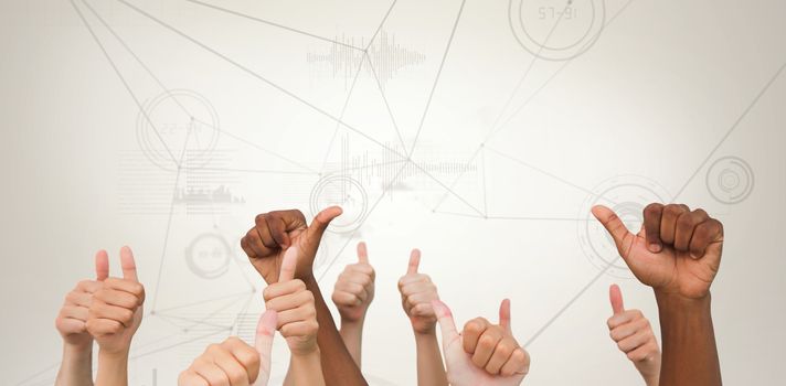 Hands giving thumbs up  against interface with graphs