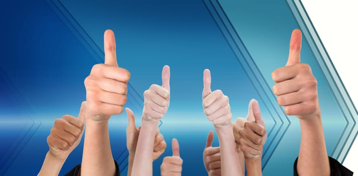 Hands showing thumbs up against background with blue arrows