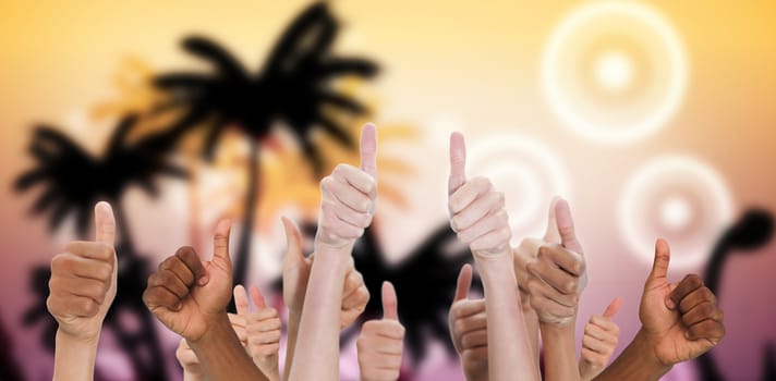 Hands showing thumbs up against digitally generated palm tree background