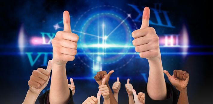 Hands showing thumbs up against blue glowing technology design with clock