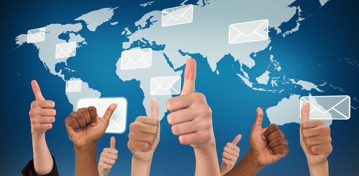 Hands showing thumbs up against world map with envelopes