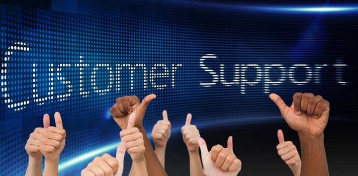 Hands giving thumbs up  against customer support on digital screen