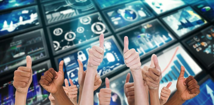 Hands showing thumbs up against screen collage showing business images