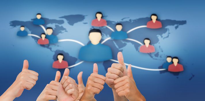 Hands giving thumbs up against communication between people from various continents
