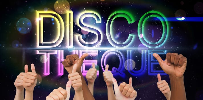 Hands giving thumbs up  against digitally generated colourful discotheque text