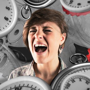 Pretty brunette shouting against grey background