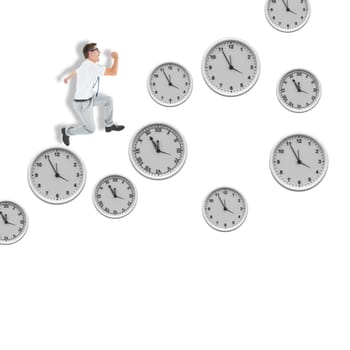 Geeky happy businessman running mid air against clocks