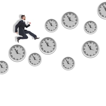 Geeky young businessman running mid air against clocks