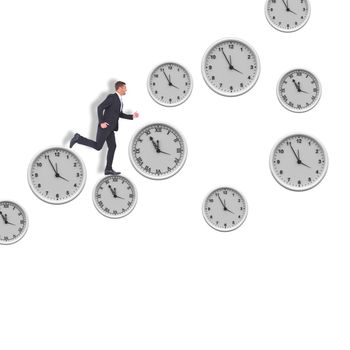 Businessman running  against clocks on white background 