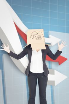 Businesswoman with box over head against digital background with arrows going down