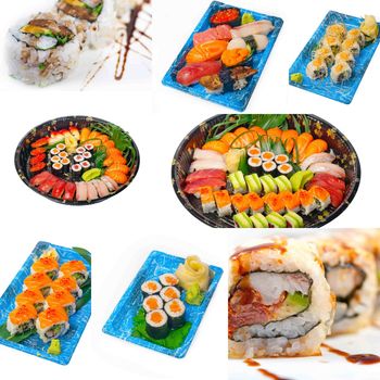 selection of many Japanese sushi dish collage over white frame 