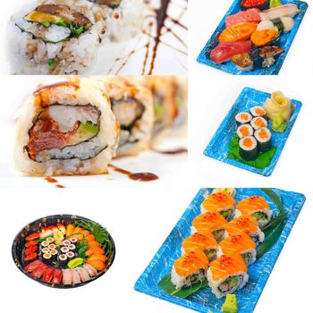 selection of many Japanese sushi dish collage over white frame 