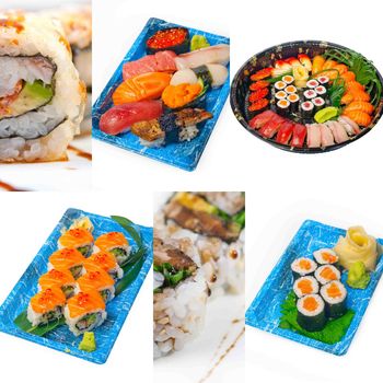 selection of many Japanese sushi dish collage over white frame 