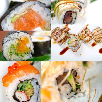 selection of many Japanese sushi dish collage over white frame 