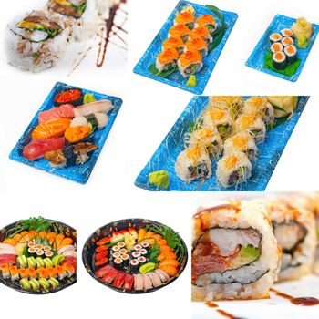 selection of many Japanese sushi dish collage over white frame 