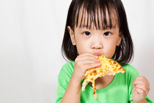 Little Asain Chinese Eating Pizza in white background