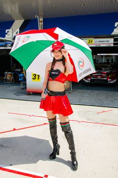 BURIRAM - JUNE 20: Unidentified Race Queen of Japan with racing car on display at The 2015 Autobacs Super GT Series Race 3 on June 20, 2015 at Chang International Racing Circuit, Buriram Thailand