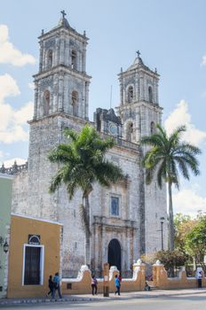 Front exterior of old historical San Gervasio Cathedral built in 16th century in Valladolid, Mexico