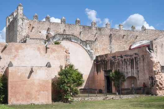 Rear side of massive Convent of Saint Bernardine of Siena built by the Franciscans in the 16th century in Valladolid, Mexico