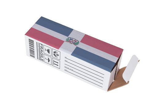 Concept of export, opened paper box - Product of Dominican Republic