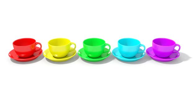 Five empty coffee cups horizontally aligned with rainbow colours