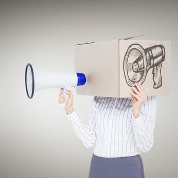 Businesswoman with box over head and holding a megaphone against grey vignette