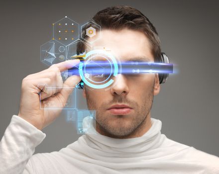 future, technology and people concept - man in futuristic glasses