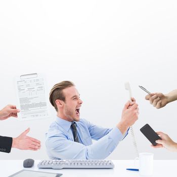 Composite image of businessman in suit offering his hand