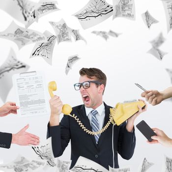 Businessman in suit offering his hand against pages flying