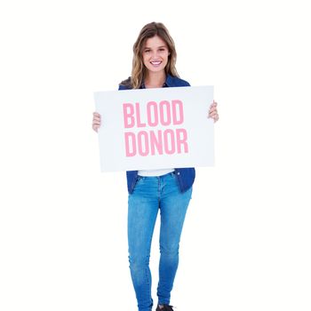 Woman holding poster  against blood donor
