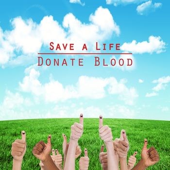 Blood donation against blue sky over green field