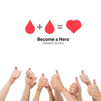 Blood donation against hands showing thumbs up