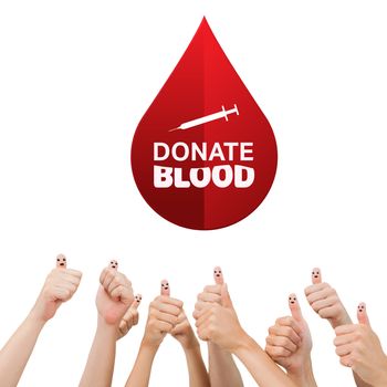 Donate blood against hands showing thumbs up
