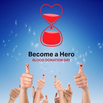 Blood donation against digitally generated dandelion seeds against blue sky