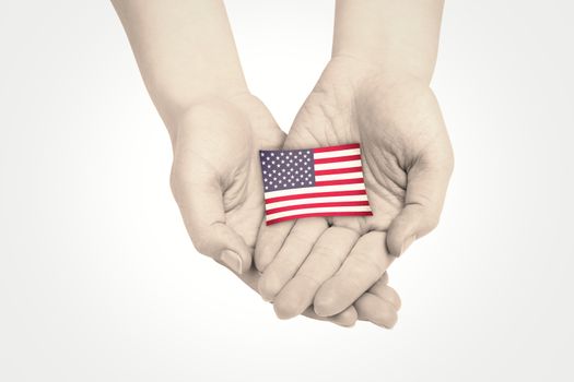 Hands presenting against usa national flag