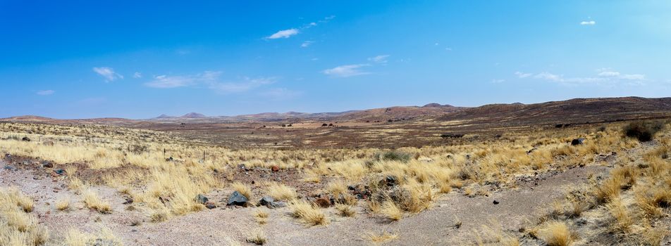 dry Namib desert, landscape, Namibia, Africa with blue sky, panorama