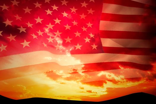 United states of america flag against sky and mountains