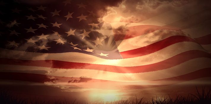 Digitally generated american flag rippling against sunrise over grass