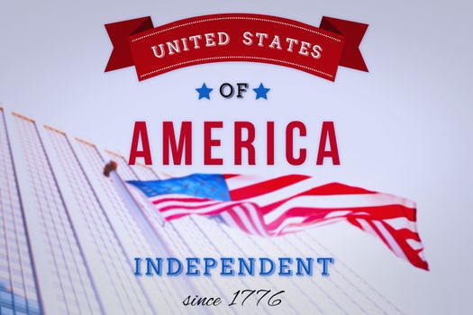 Independence day graphic against american flag and skyscraper