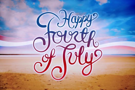 Independence day graphic against serene beach landscape