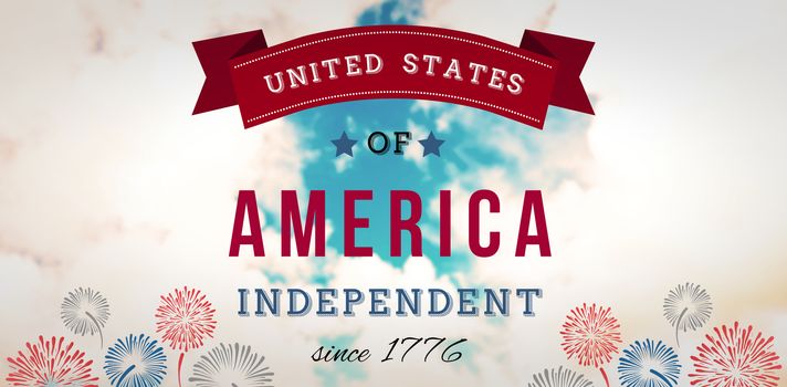 Independence day graphic against blue sky with white clouds