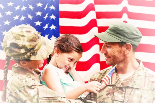 Soldiers reunited with daughter against rippled us flag